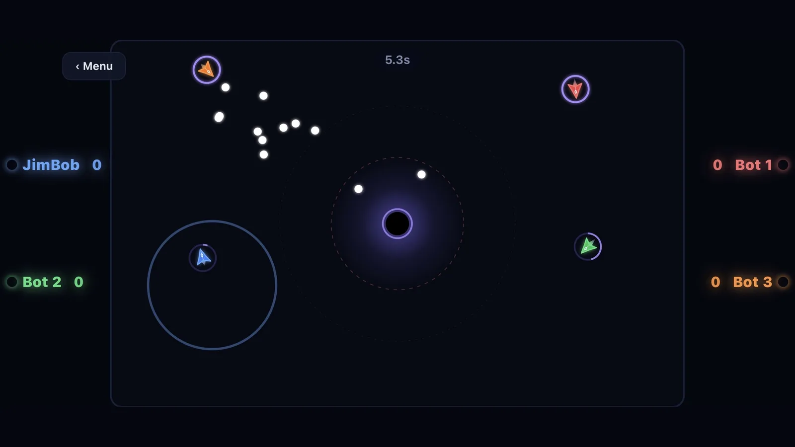 Black Hole Arena gameplay: four ships orbiting a black hole as meteors streak across the arena